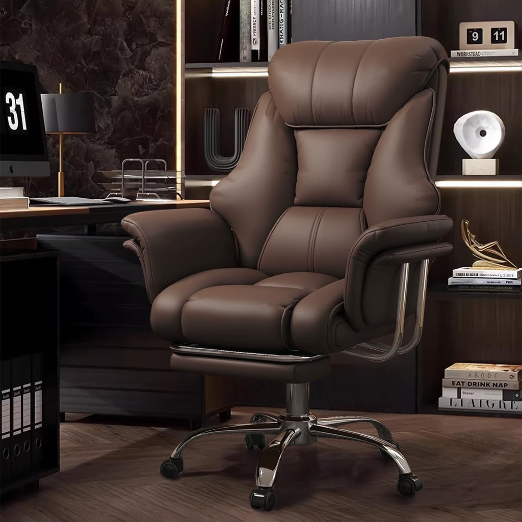Silla de oficina con reposapiés y soporte lumbar – Silla gaming ergonómica con reposacabezas ajustable en altura y respaldo reclinable, silla giratoria de piel sintética con respaldo alto para oficina en casa (marrón)