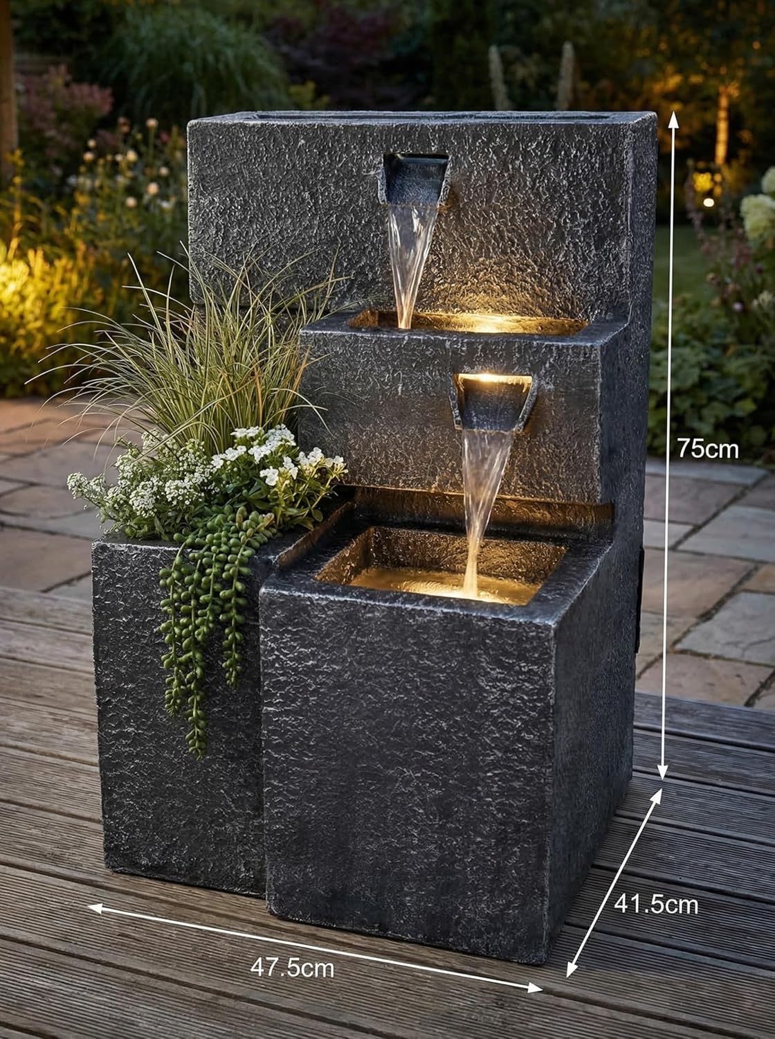 Fuente "Grada" plantable con iluminación LED, fuente de jardín en cascada, fuente de terraza