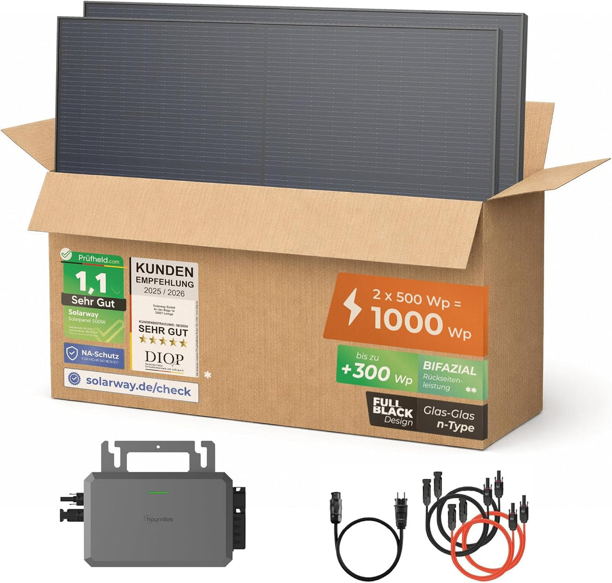 Solarway® Central Eléctrica para Balcón de 800W con módulos solares de 1000Wp – Kit completo con inversor Hoymiles HiFlow 800 – 2 paneles solares bifaciales Black de 500W – Mini sistema fotovoltaico para enchufe incl. accesorios