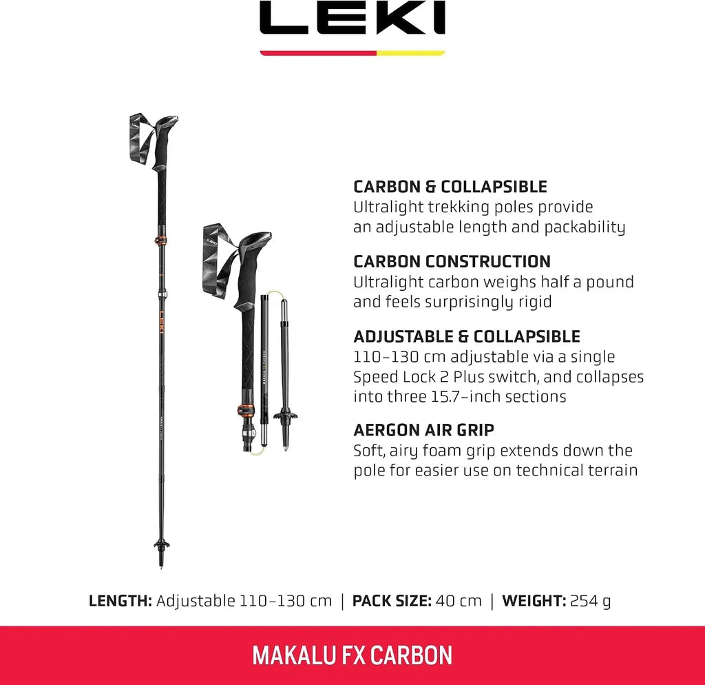 Bastones de trekking Makalu FX Carbon plegables ajustables de 4 piezas con cierre de pinza, eje de fibra de carbono, longitud hasta 130 cm
