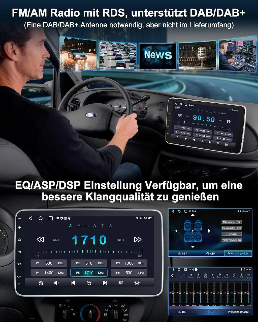 Autorradio 1 DIN con pantalla táctil de 10,1 pulgadas Android 14 2GB 64GB Bluetooth CarPlay Android Auto Navegación Cámara de visión trasera