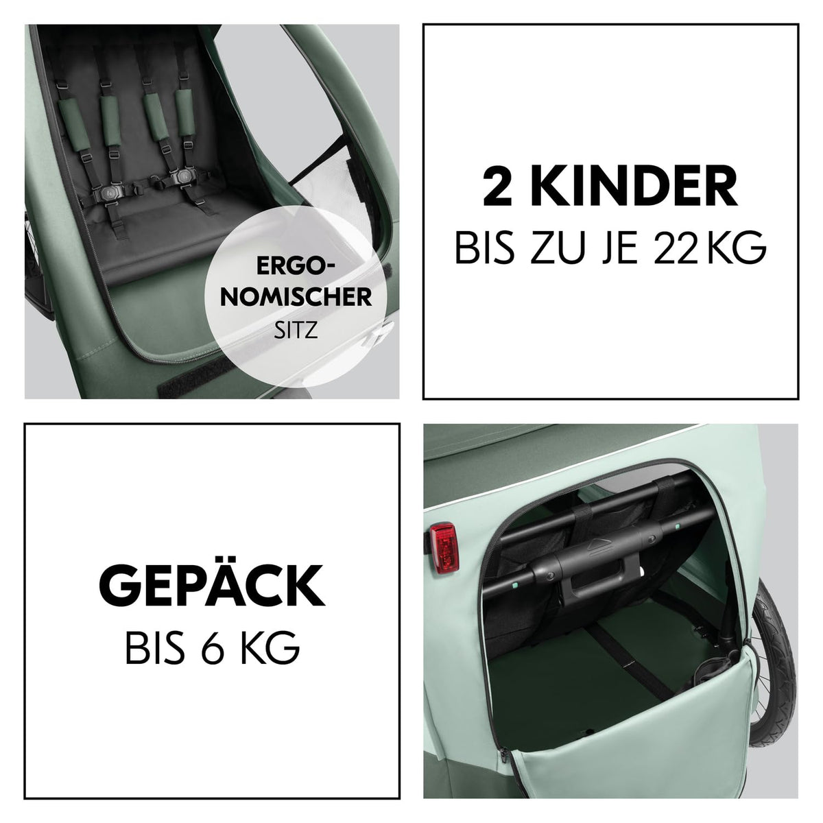 hauck Remolque de bicicleta y cochecito Dryk Duo Plus con suspensión, para 2 niños (6-48 meses), incluye barra de tiro, rueda de cochecito, bandera y luz LED, plegable, altura ajustable, maletero XL (verde oscuro)