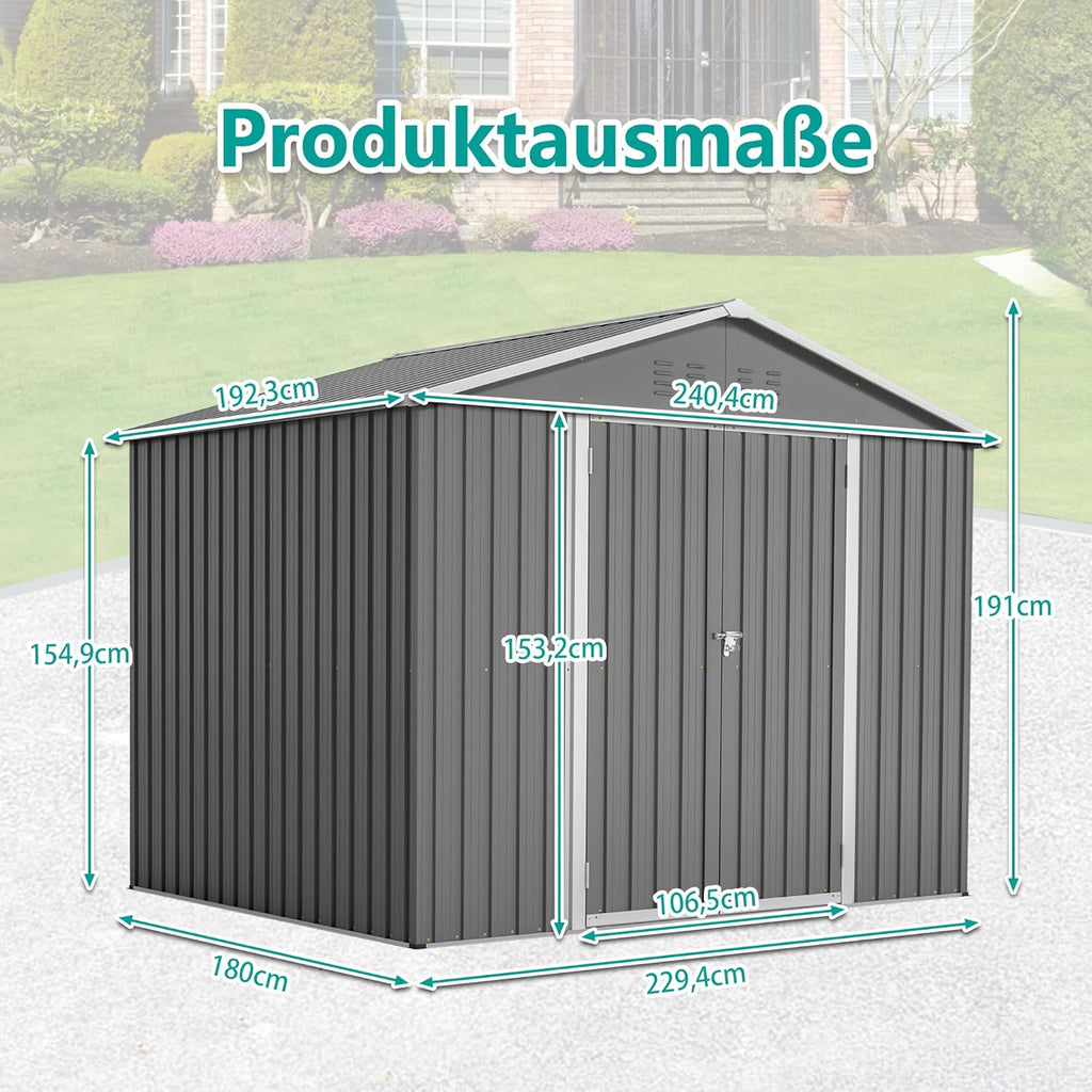 Cobertizo de jardín robusto de metal con techo a dos aguas XXXL (300 x 252 x 191 cm) Almacenamiento seguro para herramientas y equipos de jardinería Gris