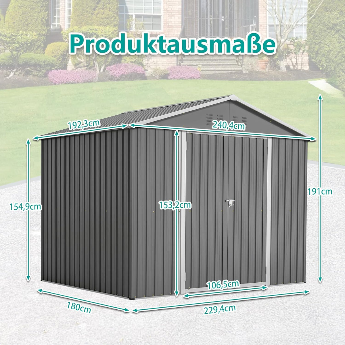 Cobertizo de jardín robusto de metal con techo a dos aguas XXXL (300 x 252 x 191 cm) Almacenamiento seguro para herramientas y equipos de jardinería Gris