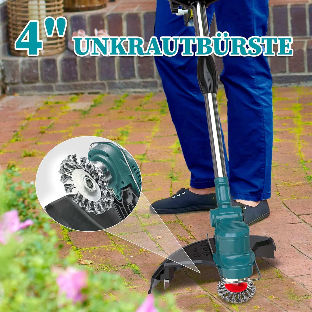 Cortacésped inalámbrico de 21V, cortacésped inalámbrico 4 en 1 compatible con baterías Makita, cortacésped con cepillo para malas hierbas, desbrozadora y motoguadaña incl. cabezal de hilo TAP-N'-GO, 2 baterías de 4.0Ah, motor sin escobillas de 750W