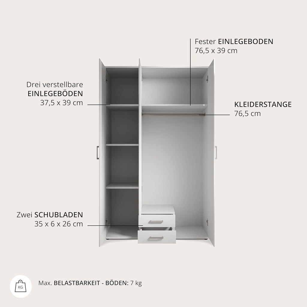 Stella Trading KARL Armario elegante de 3 puertas con gran espacio de almacenamiento - Armario versátil de puertas batientes en color blanco con puerta de espejo - 120 x 195 x 55 cm (ancho/alto/fondo)