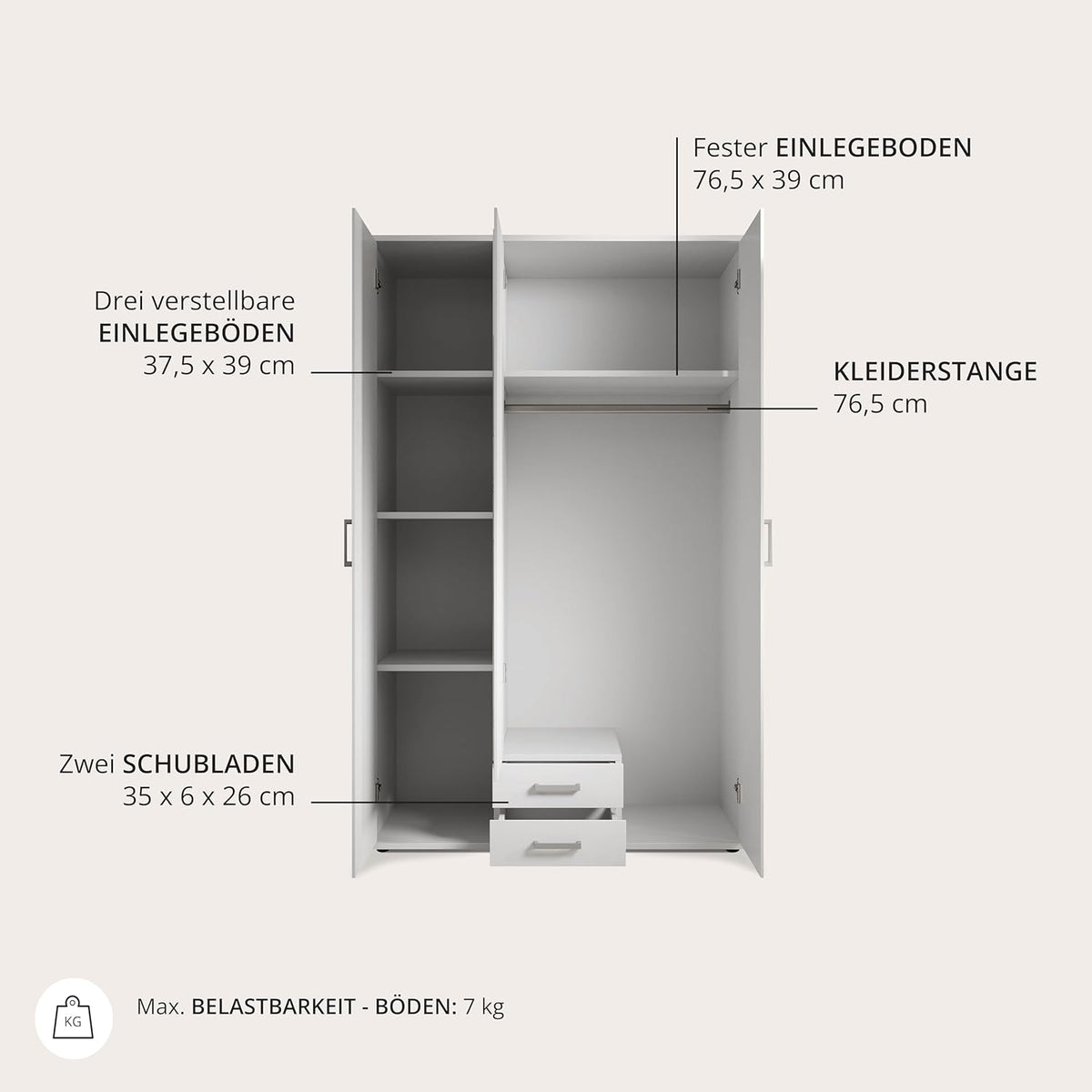 Stella Trading KARL Armario elegante de 3 puertas con gran espacio de almacenamiento - Armario versátil de puertas batientes en color blanco con puerta de espejo - 120 x 195 x 55 cm (ancho/alto/fondo)