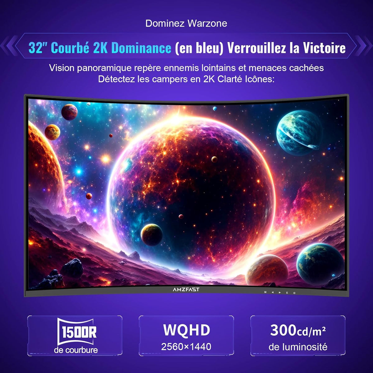 Monitor Gaming Curvo Amzfast de 32 pulgadas, QHD 2560x1440, 180Hz, 1 ms MPRT, 1500R, Adaptive Sync, luz azul reducida, sRGB 120%, HDR, HDMI 2.0/DP 1.2, VESA 75x75, AMZG32C3Q
