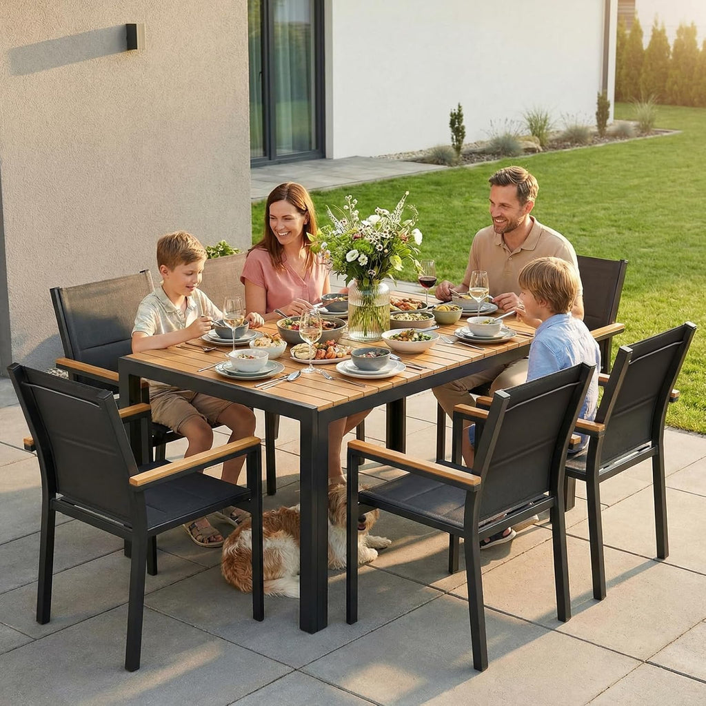 LIFERUN Set de 6 sillas de jardín, aluminio, con respaldo y asiento acolchados, silla de comedor apilable, reposabrazos de WPC, sillas de balcón, para terraza, balcón, patio, piscina, restaurantes, negro, 6 piezas