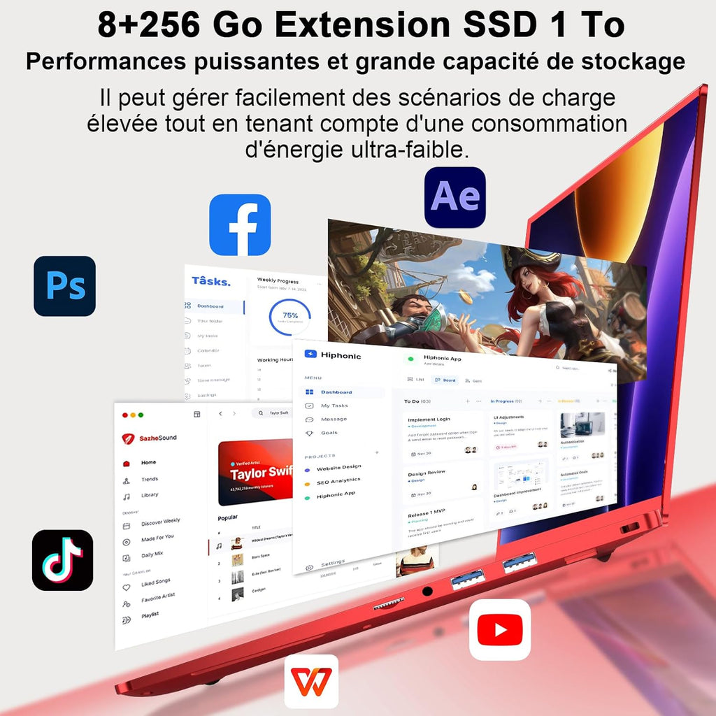 Ordenador portátil de 14 pulgadas Celeron N5095 hasta 2,9 GHz, PC portátil Win11, 8 GB de RAM, SSD de 256 GB, ampliación a 1 TB, portátil con ratón inalámbrico, teclado QWERTY con membrana de teclado AZERTY - Rojo metalizado-1