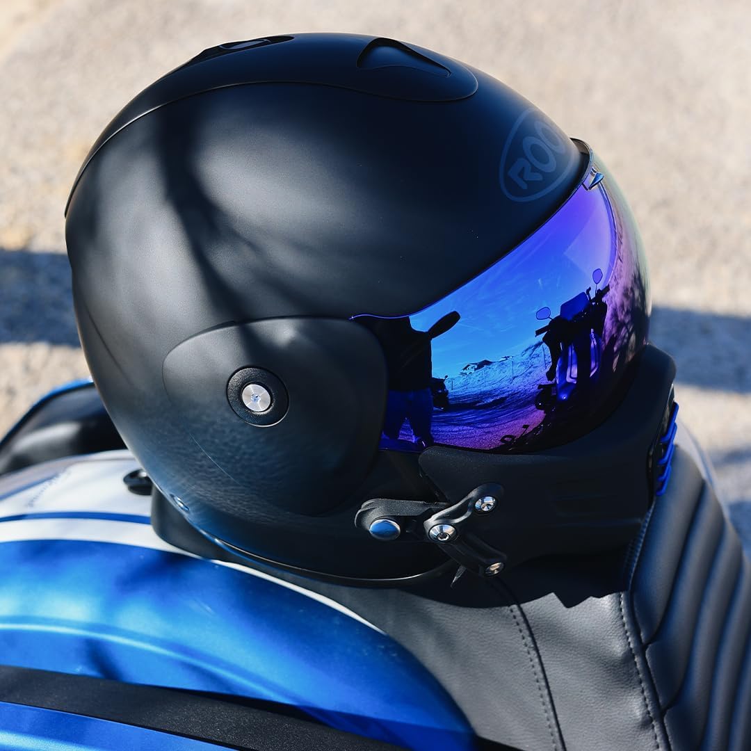 Casco de moto jet de alta gama ROOF Roadster de fibra de vidrio con mentonera magnética extraíble, pantalla iridio incluida – Color Iron negro mate/azul - Venta directa de fábrica - Garantía de 4 años