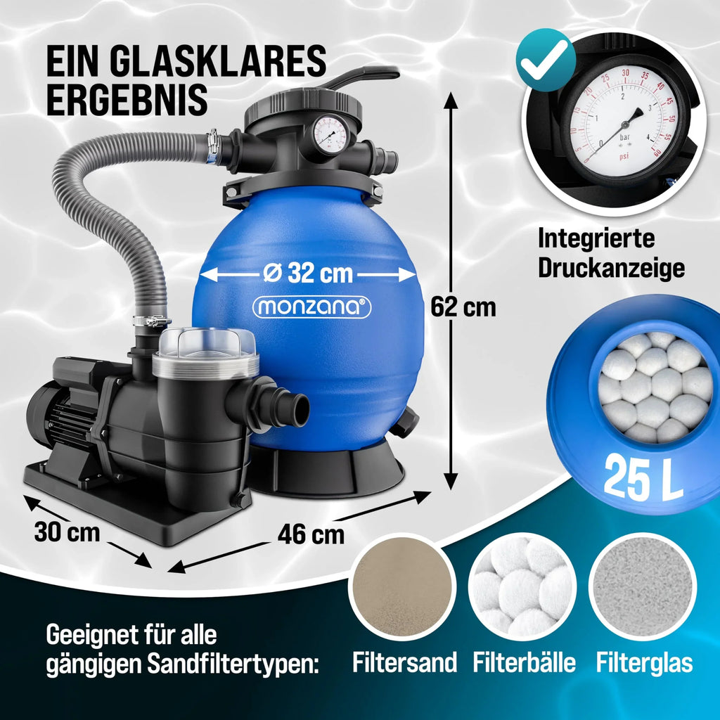 Sistema de filtración de arena SF96K 9600 l/h 400 W para piscinas de hasta 30000 l con tanque de filtro de 25 l, válvula de 7 vías y bolas filtrantes