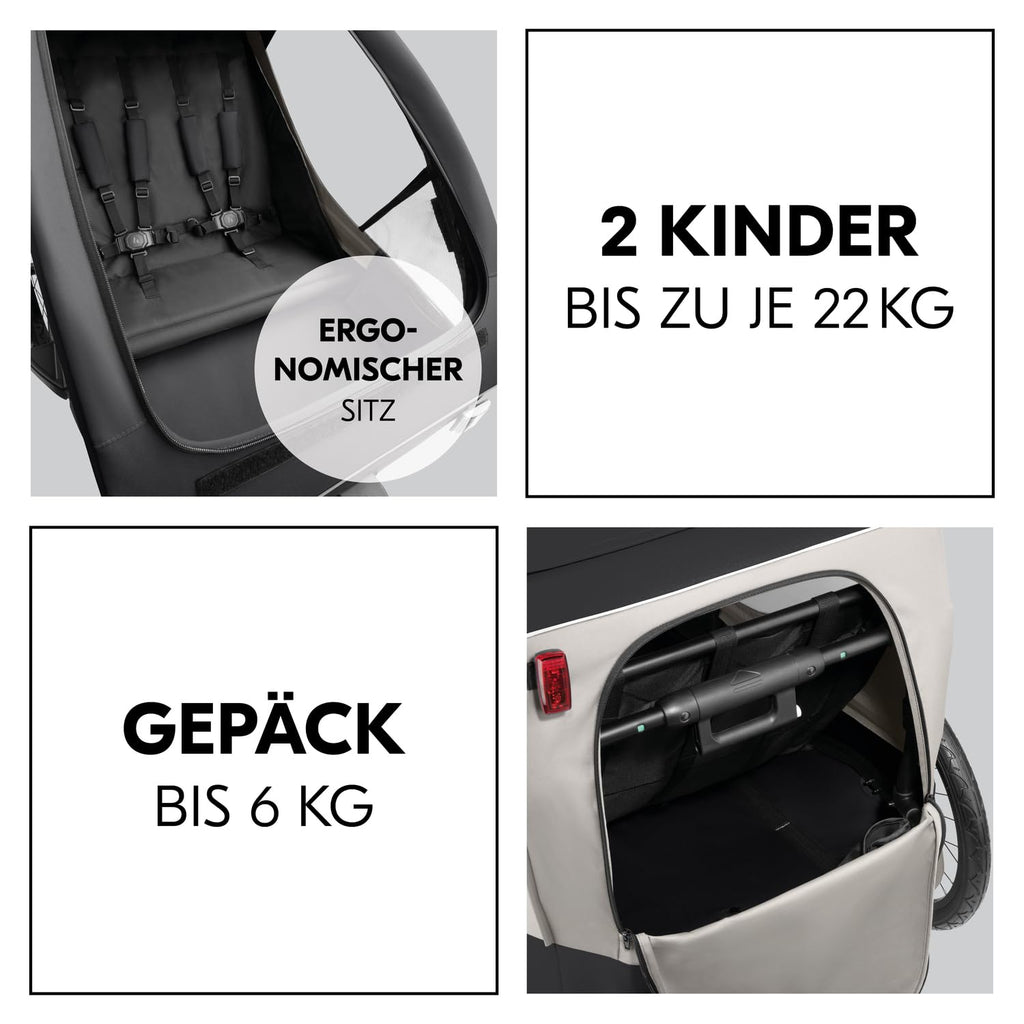 hauck Remolque de bicicleta y cochecito Dryk Duo Plus con suspensión, para 2 niños (6-48 meses), incluye barra de tiro, rueda de cochecito, bandera y luz LED, plegable, altura ajustable, maletero XL (verde oscuro)
