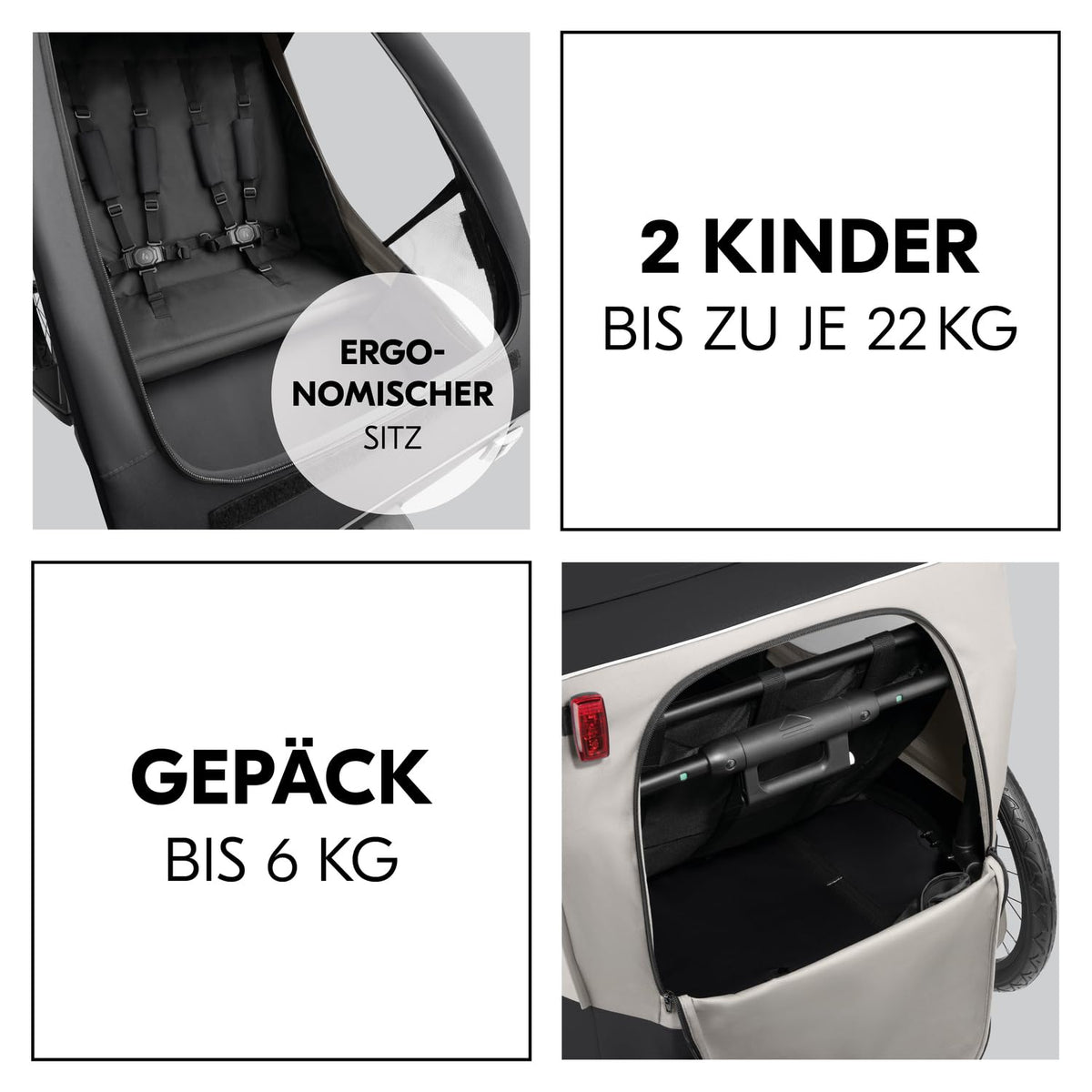 hauck Remolque de bicicleta y cochecito Dryk Duo Plus con suspensión, para 2 niños (6-48 meses), incluye barra de tiro, rueda de cochecito, bandera y luz LED, plegable, altura ajustable, maletero XL (verde oscuro)