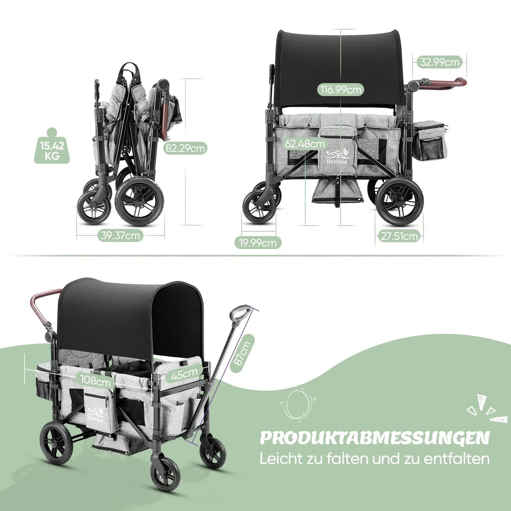 Carrito plegable RO-02 para 2 niños con techo, arnés de 5 puntos, ruedas de poliuretano, bandeja para aperitivos y estructura de aluminio, gris
