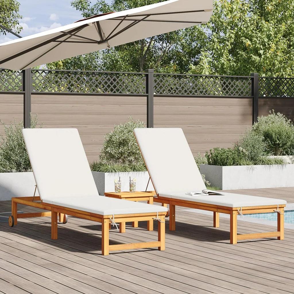 2025 Tumbonas 2 uds con Mesa y Cojines de Madera Maciza de Acacia, Tumbona con Cojines Crema de Madera Maciza de Acacia, Mesa Auxiliar de Jardín 35x35x34 cm de Madera Maciza de Acacia V8526
