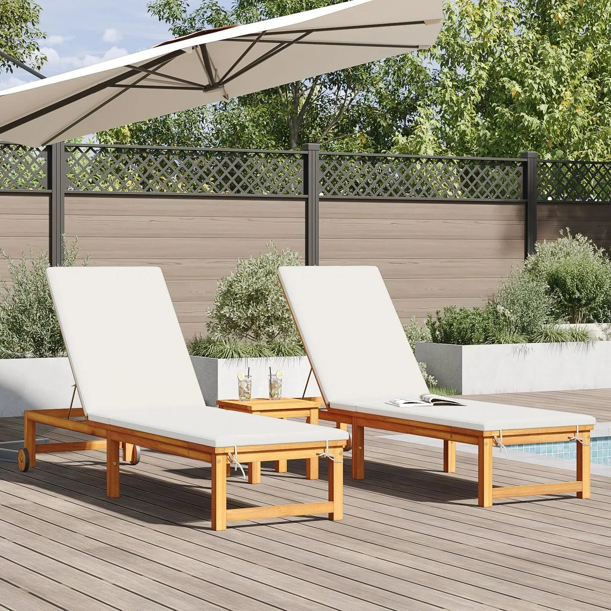 2025 Tumbonas 2 uds con Mesa y Cojines de Madera Maciza de Acacia, Tumbona con Cojines Crema de Madera Maciza de Acacia, Mesa Auxiliar de Jardín 35x35x34 cm de Madera Maciza de Acacia V8526