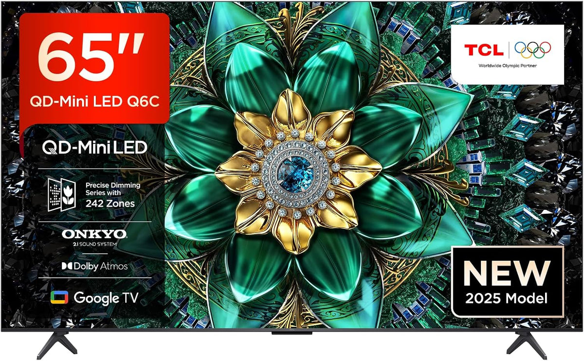 Televisor TCL 65Q6C QD-Mini LED, 4K HDR Premium 1000 nits, Smart TV con Google (Dolby Vision IQ y Atmos, sistema de audio Onkyo 2.1, Motion Clarity Pro 144Hz, control por voz manos libres)
