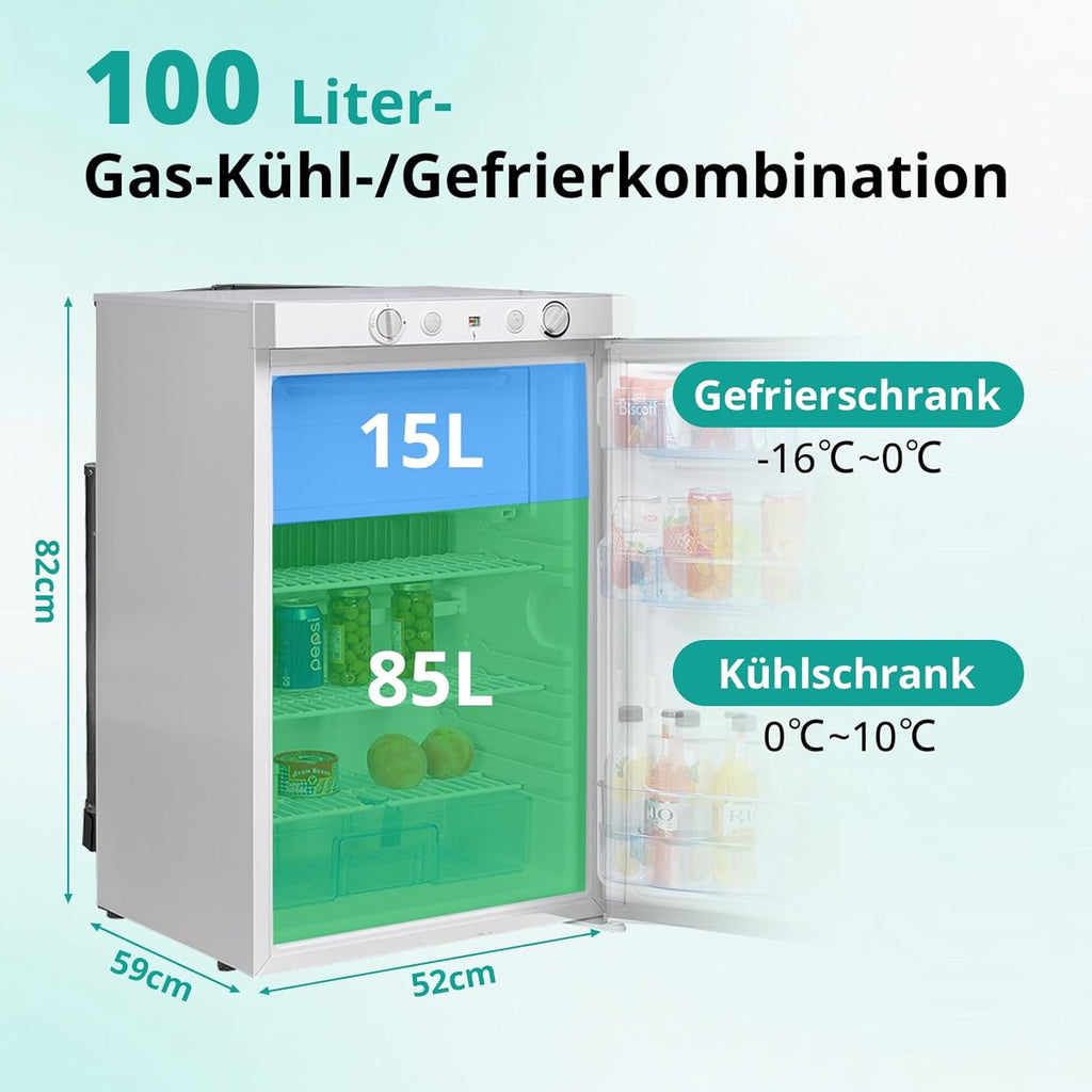 SMETA Refrigerador con congelador a gas 12V/230V/Gas, nevera con compartimento congelador de 100L, refrigerador combinado silencioso para camping, hogar, caravana, garaje, casa rural, autocaravana, blanco