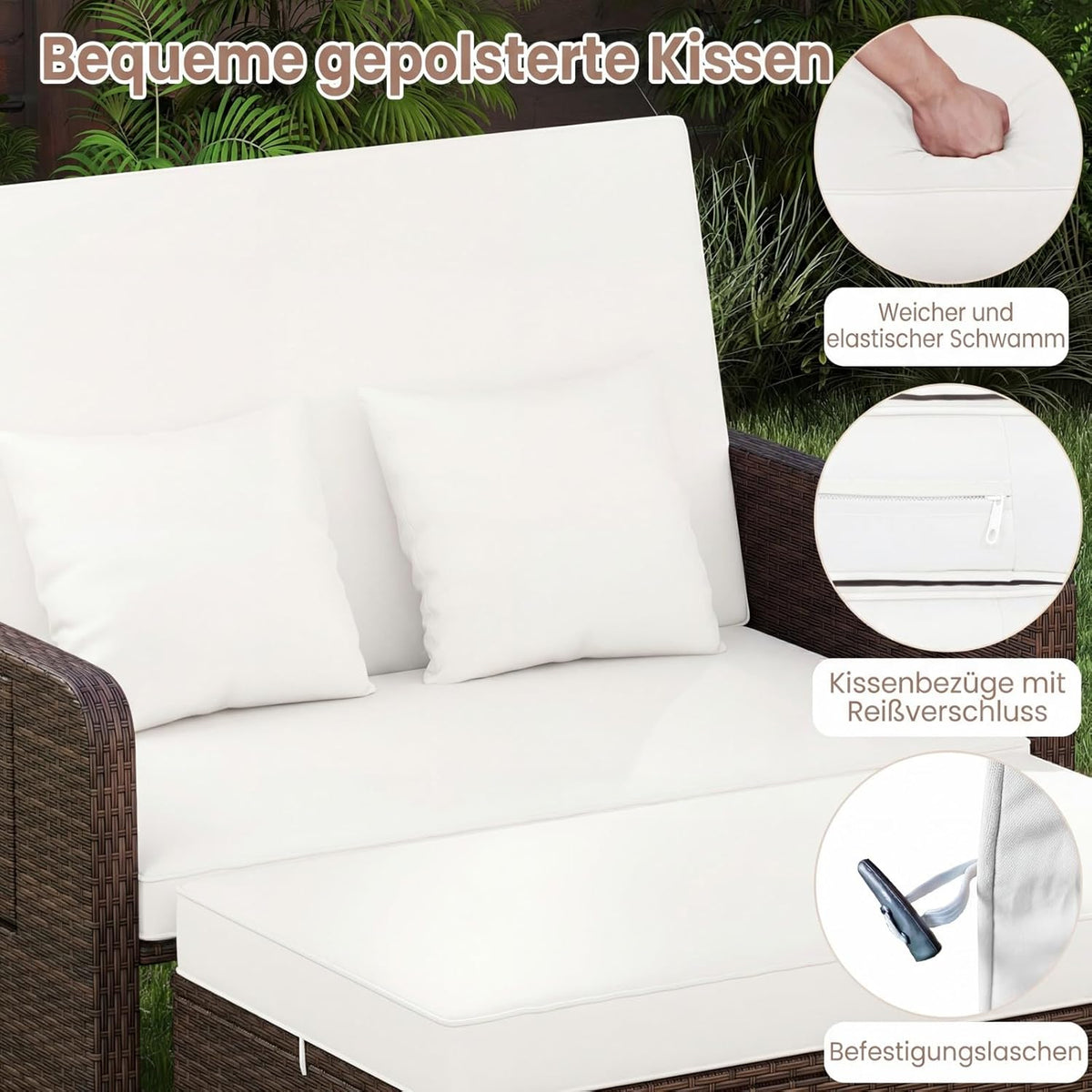 COSTWAY Tumbona de poliratán 3 en 1, tumbona de jardín con respaldo ajustable y bandejas laterales, cama lounge, tumbona doble con cojines, sofá de jardín con función de reclinado, taburete y espacio de almacenamiento (Beige)