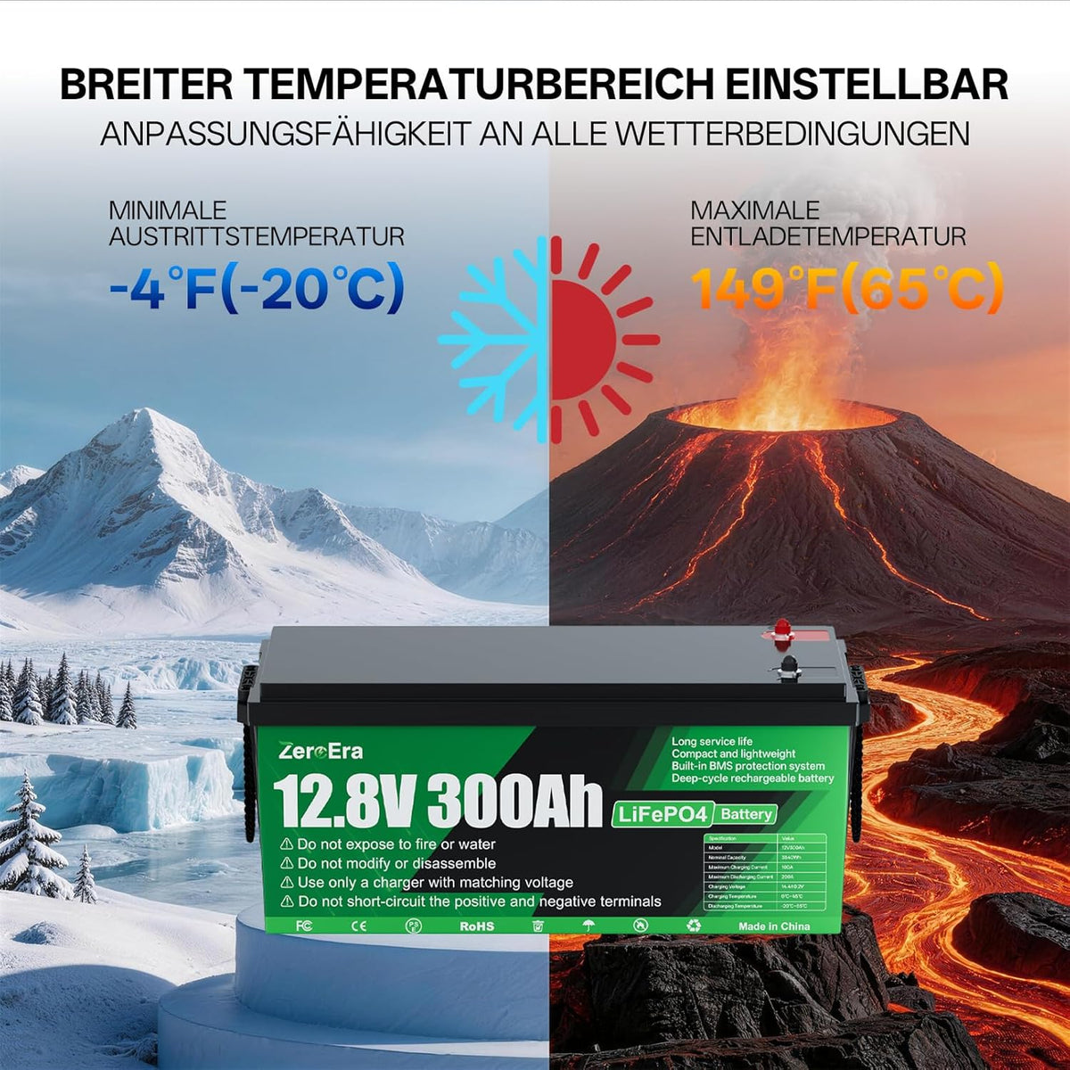 Batería LiFePO4 de 12V 300Ah, batería de litio de 3840Wh con protección de temperatura BMS de 200A, más de 15000 ciclos de carga, compatible con conexión en serie/paralelo para almacenamiento doméstico y autocaravanas.