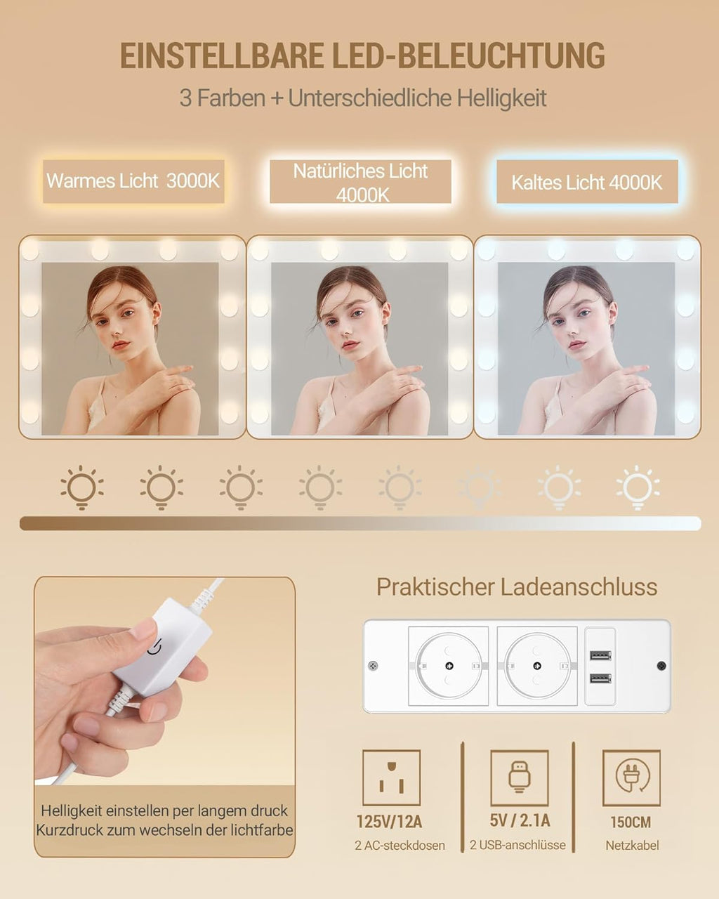 Tocador Hzuaneri con 10 luces LED, taburete, mesa de maquillaje con espejo grande, tocador con enchufe, soporte para secador de pelo y varios cajones, blanco DT42903XEU