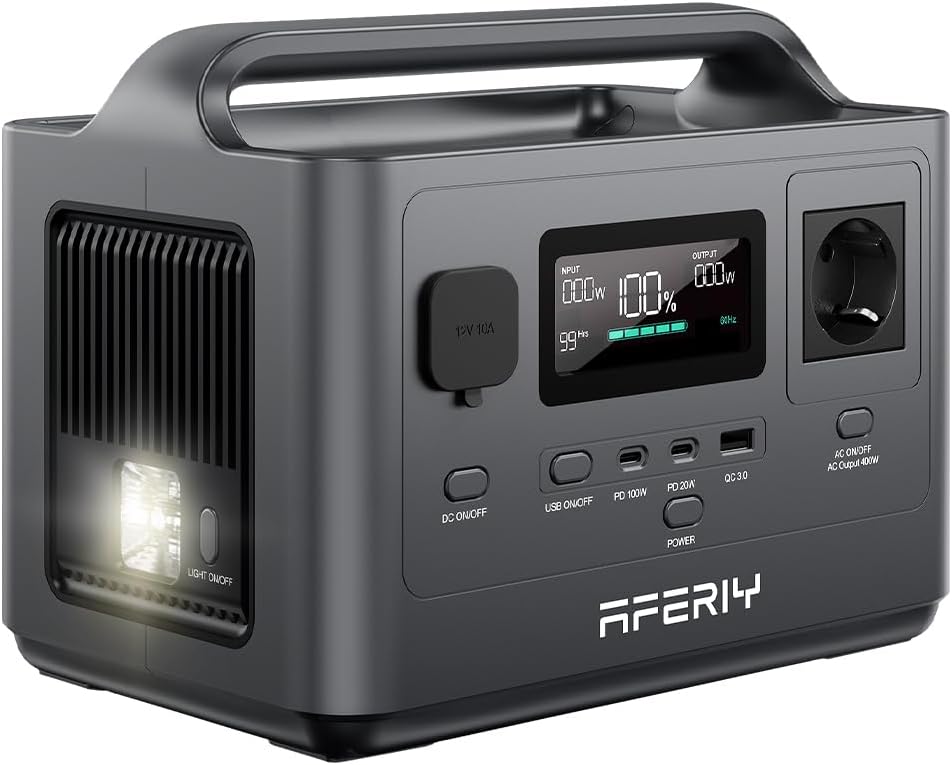 Generador Eléctrico Portátil AFERIY 400W, Estación de Energía Móvil 256Wh, Batería LFP Portátil, Salidas Variadas, Enchufe UE 220-240V, SAI, Generador Eléctrico Solar Para Su Vida Sin Interrupciones