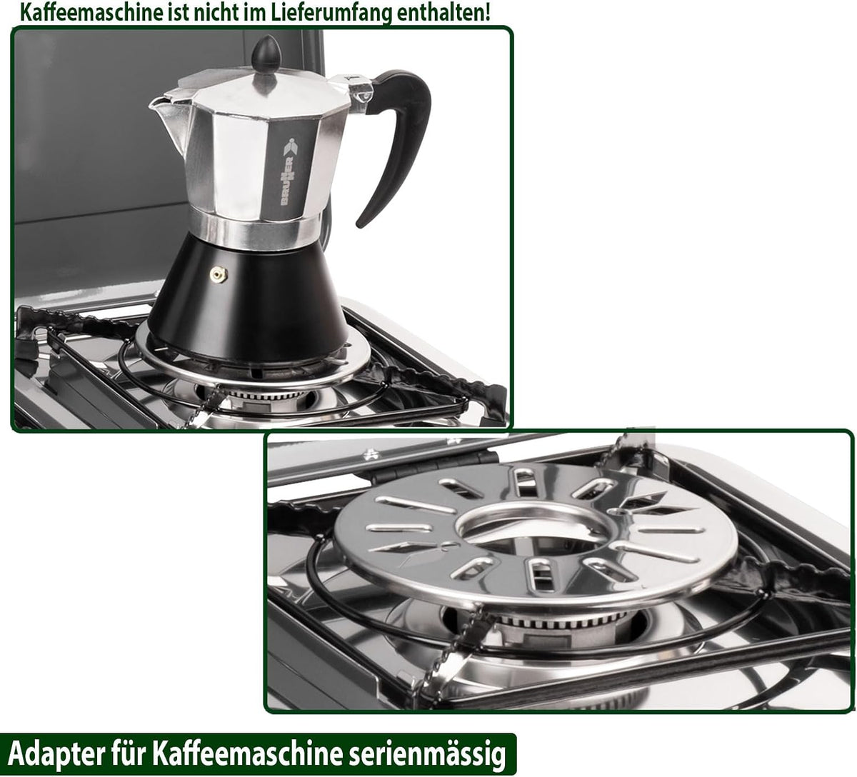 BRUNNER: Hornillo de camping de mesa 2 en 1 de 2 fuegos de acero inoxidable, parrilla de gas y hornillo de gas - POWERKOOK 50mbar con 1 cacerola + 1 plancha para asar, con regulador de gas y manguera de  gas