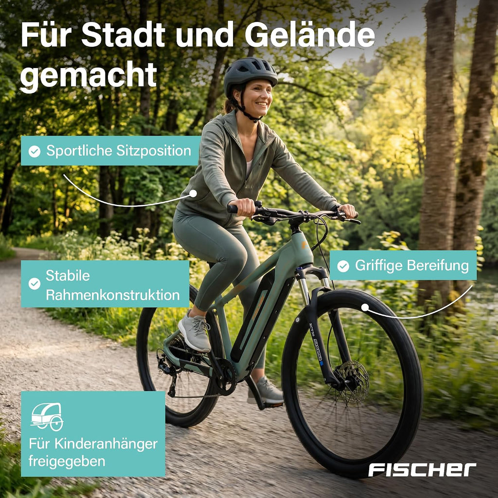 Bicicleta eléctrica de montaña Fischer E-Bike MTB Montis 2.2 Active para hombre y mujer, talla de cuadro 49, motor trasero 50 Nm, batería de 48 V
