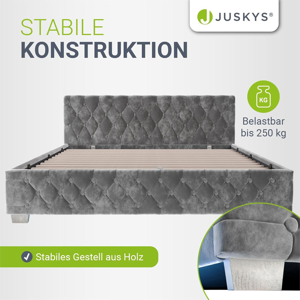 Cama tapizada Juskys Nizza 180x200 cm con colchón, estructura de cama con somier, almacenamiento e iluminación LED, tapizado de terciopelo, acolchado Chesterfield, gris