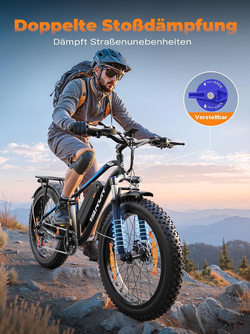 VARUN E Bike, E-Bike Herren mit 26 * 4.0' Fat Tire, 48V 18AH Akku, Bis zu 150 KM, 85Nm 250W Motor, 25KM/H, Offroad Ebike Mountainbike mit 7-Gang, All-Terrain Elektrofahrrad Herren, EU-Konformes