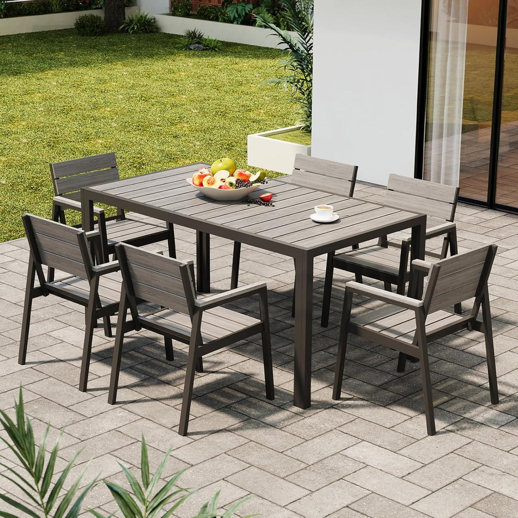 Devoko HDPS Conjunto de jardín de exterior de 7 piezas, resistente a la intemperie, con mesa de 150 cm y 6 sillas de jardín de exterior de aluminio, acabado imitación madera y fácil mantenimiento (gris)