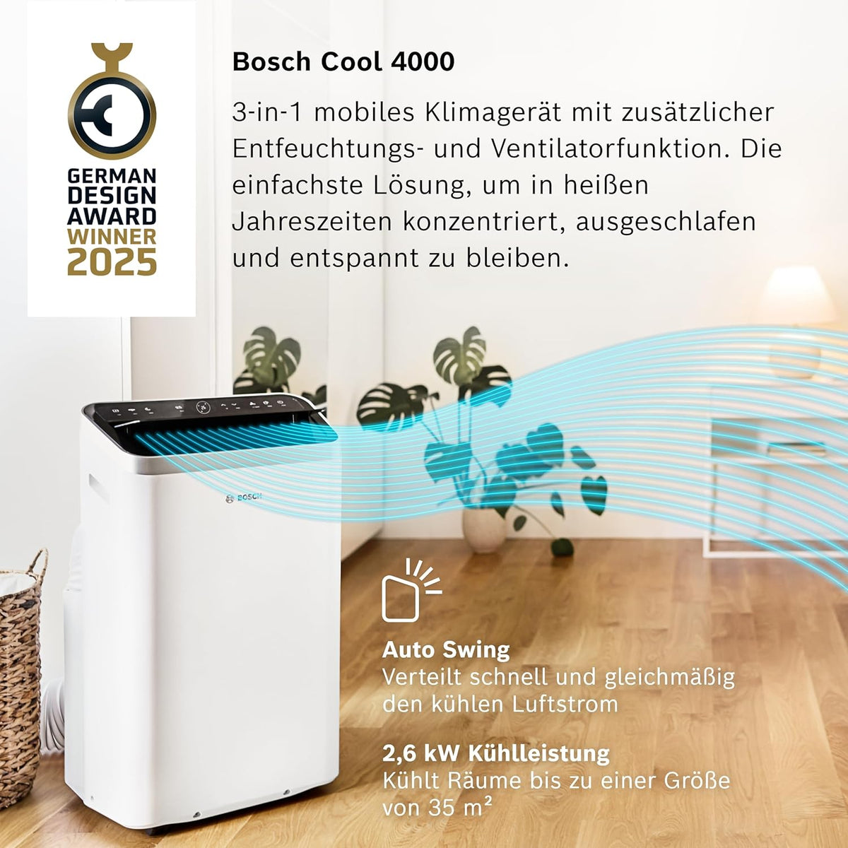 Acondicionador de aire móvil Bosch Cool 4000 - 3 en 1: aire acondicionado, deshumidificador, ventilador - 2,6 kW para habitaciones de hasta 35 m² - Con modo automático, modo silencioso y modo de suspensión