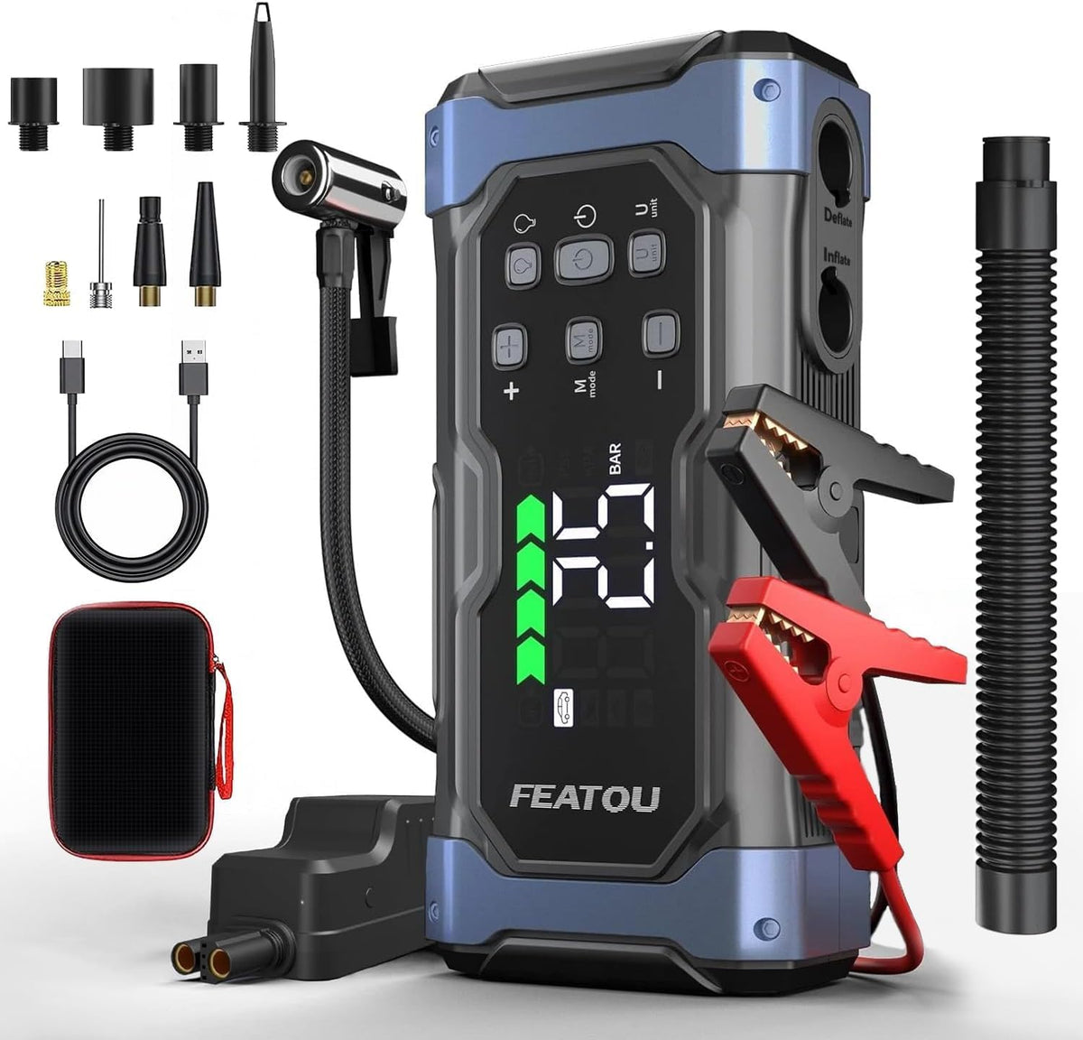 Arrancador de batería de coche 7000A con inflador, cargador arrancador para todos los motores de gasolina y diésel de 12L, carga rápida de 30 W, arrancador portátil con compresor de 12V