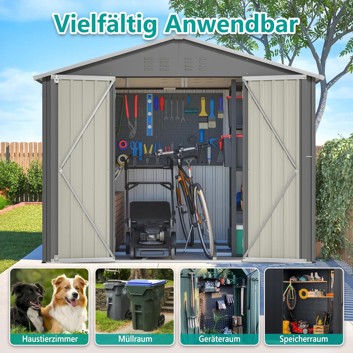 Cobertizo de jardín robusto de metal con techo a dos aguas XXXL (300 x 252 x 191 cm) Almacenamiento seguro para herramientas y equipos de jardinería Gris