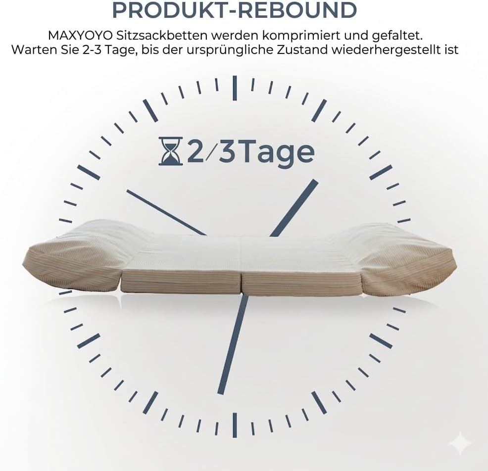 Cama tipo puf MAXYOYO, plegable, pana, sofá cama, colchón de suelo para adultos, extra grueso, plegable en 4 partes, sofá de suelo para dormitorio, sala de estar, beige, 75 x 240 cm