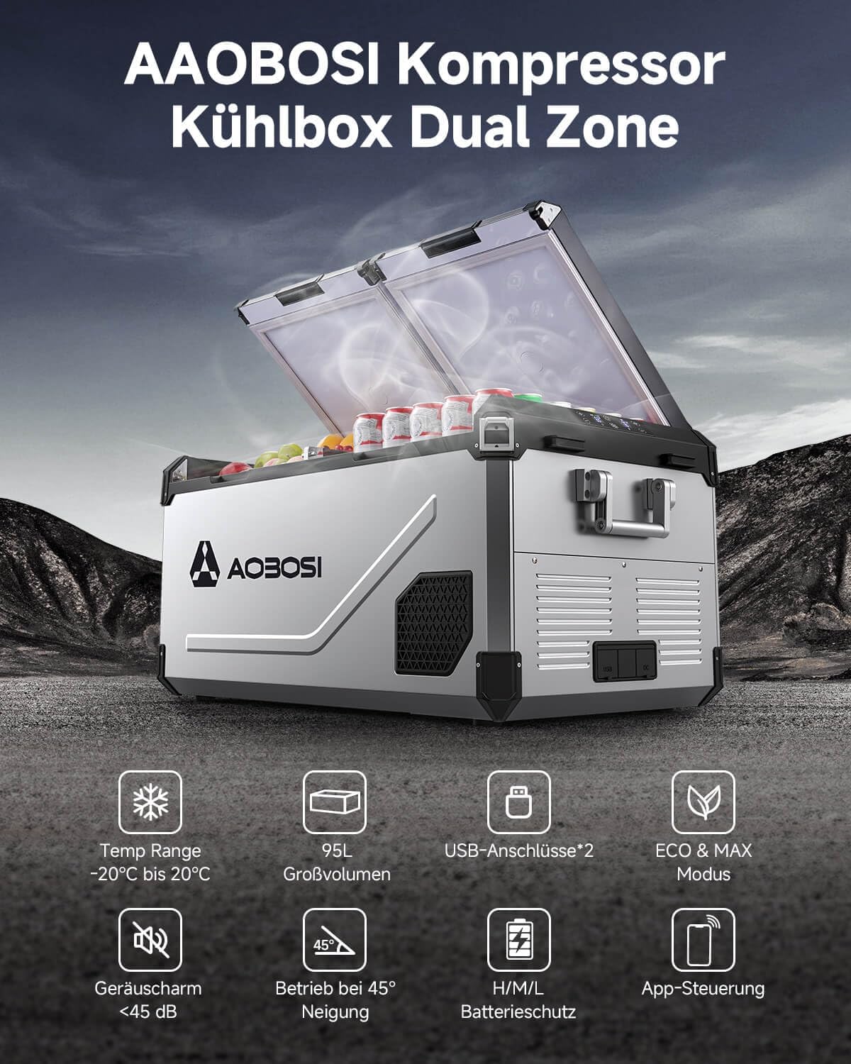 AAOBOSI Nevera de compresor de 95 L, zona dual de hasta -20 ℃, carcasa de acero inoxidable e interior de aluminio, 12/24 V CC y 230 V CA, nevera de compresor para coche, barco, camping y todoterreno