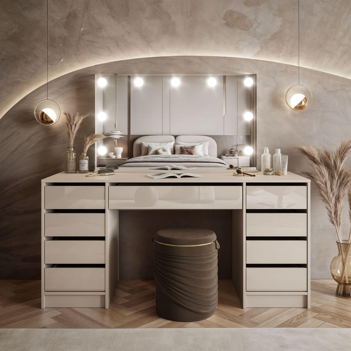 Tocador Lookway MADA Elite II con espejo LED – Elegante cachemira o blanco de alto brillo, montaje en pared, cajones espaciosos (cachemira/cachemira de alto brillo)