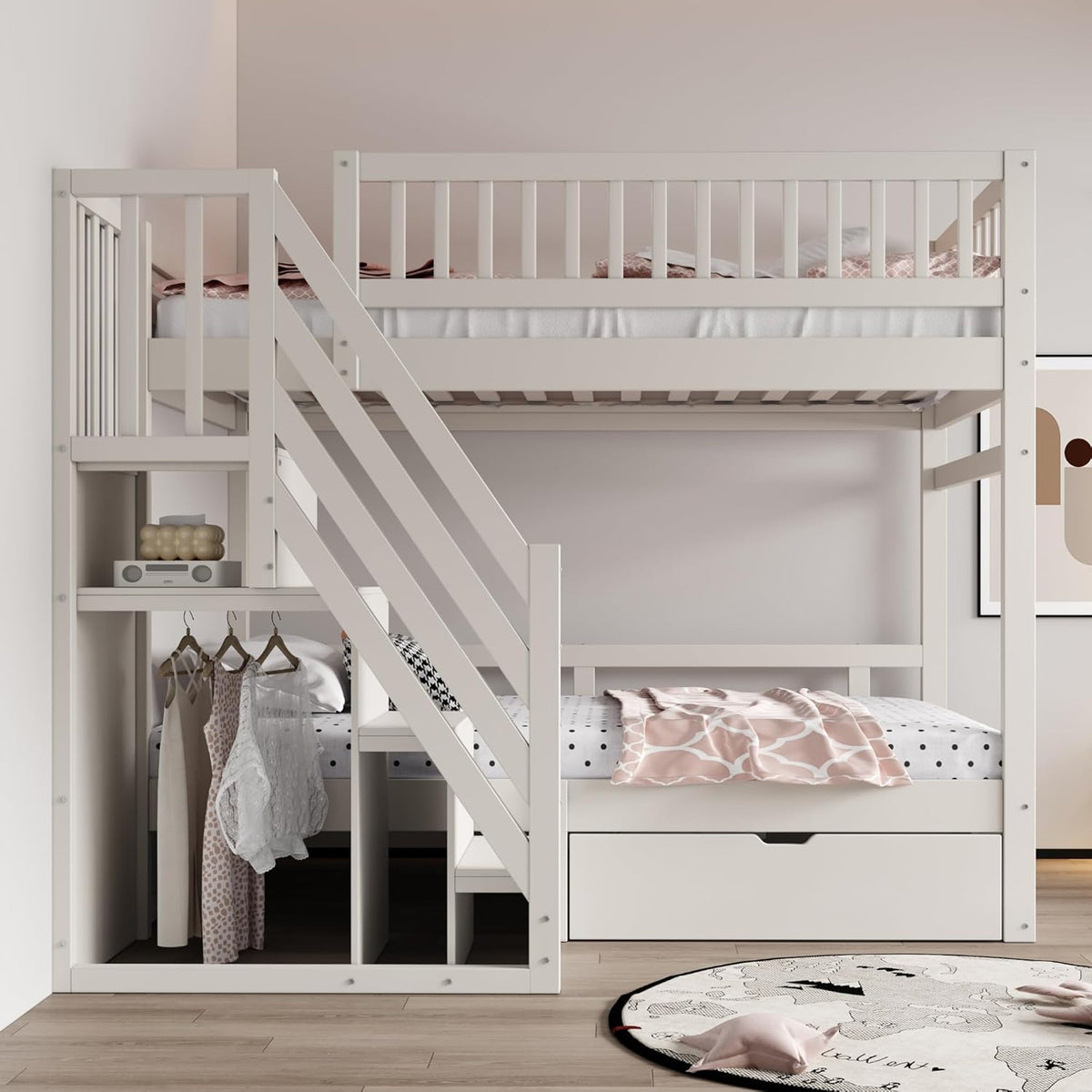 Cama infantil tipo litera 90x200 para 2 niños, cama alta con escalera, armario de almacenamiento y cajón, litera funcional de madera maciza para jóvenes con 2 somieres y protección anticaídas, sin colchón, blanca