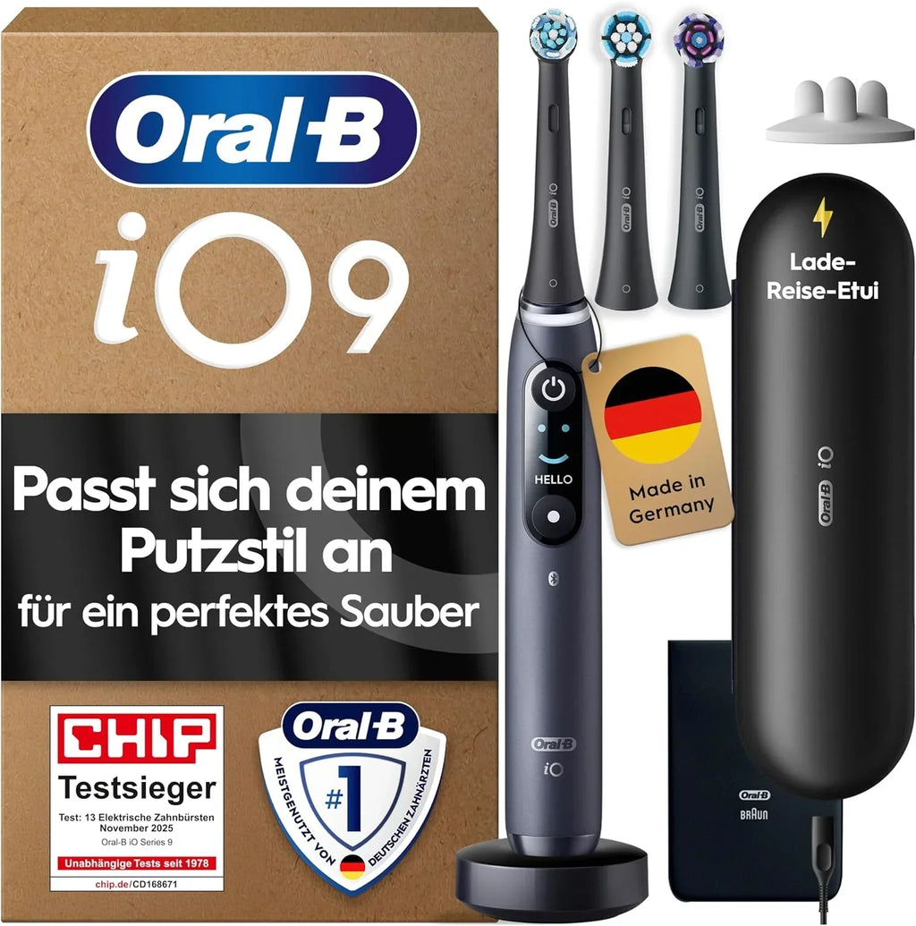 Cepillo de dientes eléctrico recargable iO Series 9 con cabezales, 7 modos de limpieza, control de presión inteligente, cabezal redondo, negro