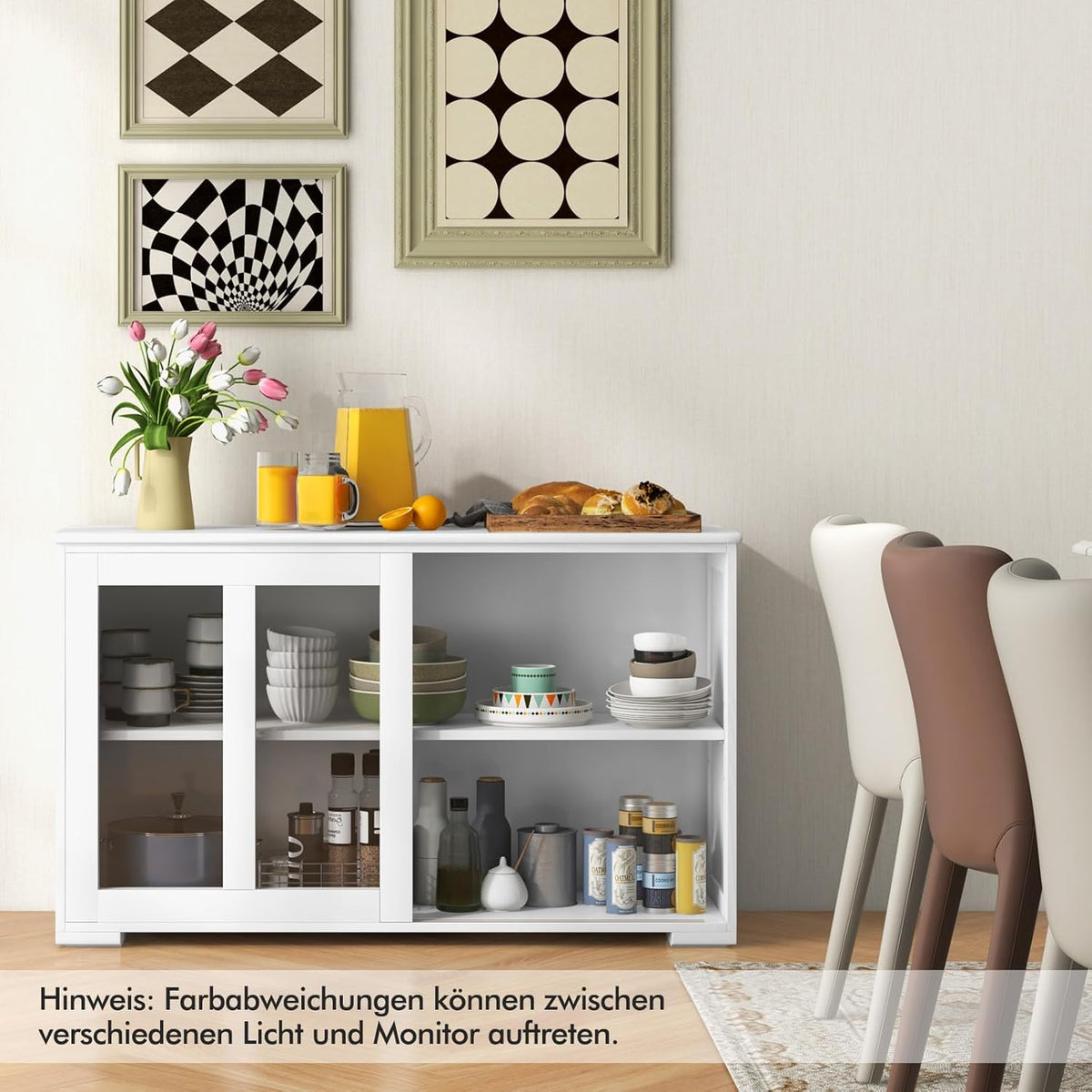 Aparador COSTWAY, mueble de cocina con puertas correderas de cristal y estante ajustable, aparador armario de almacenamiento, para cocina, comedor, sala de estar, 107 x 33 x 64 cm, madera (blanco)