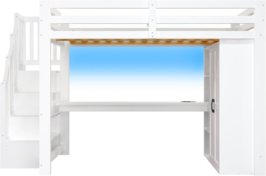 Cama alta de 140x200 con escritorio y estantería, armario, escalera con almacenaje, USB y luces LED, blanco
