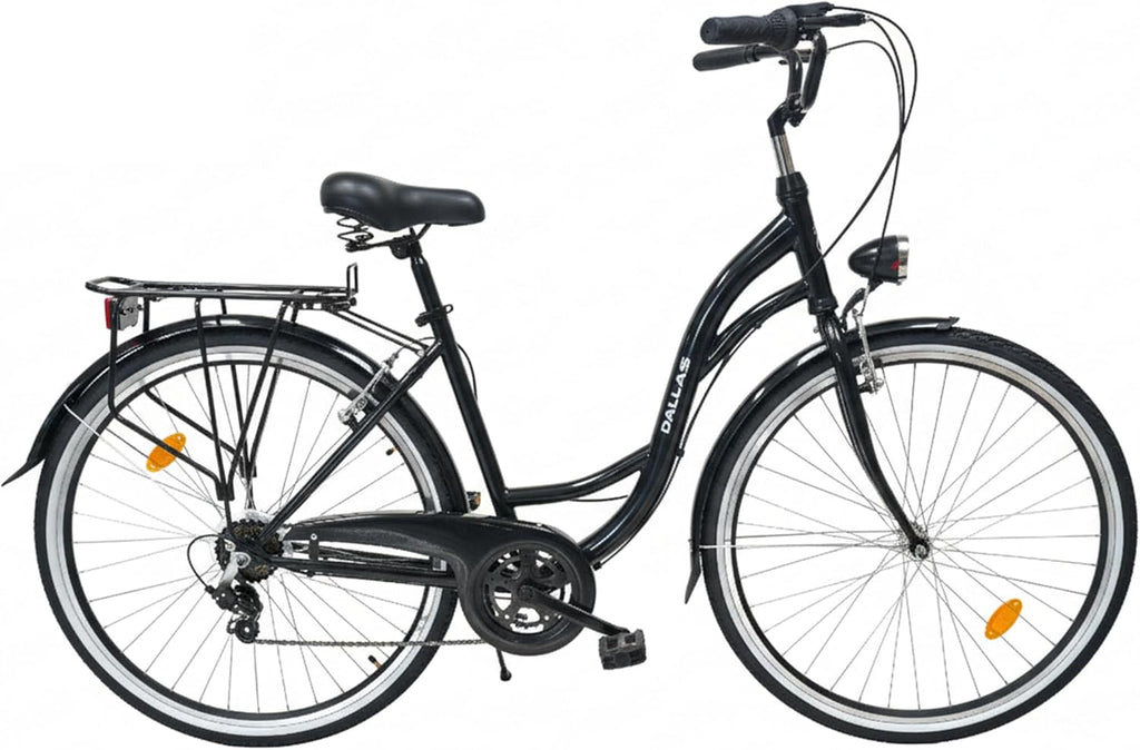 Bicicleta de 28 pulgadas - Cómoda bicicleta urbana para hombre y mujer - con cambio Shimano de 7 velocidades - Cuadro bajo confortable para ciudad y desplazamientos - Dallas City - Negro