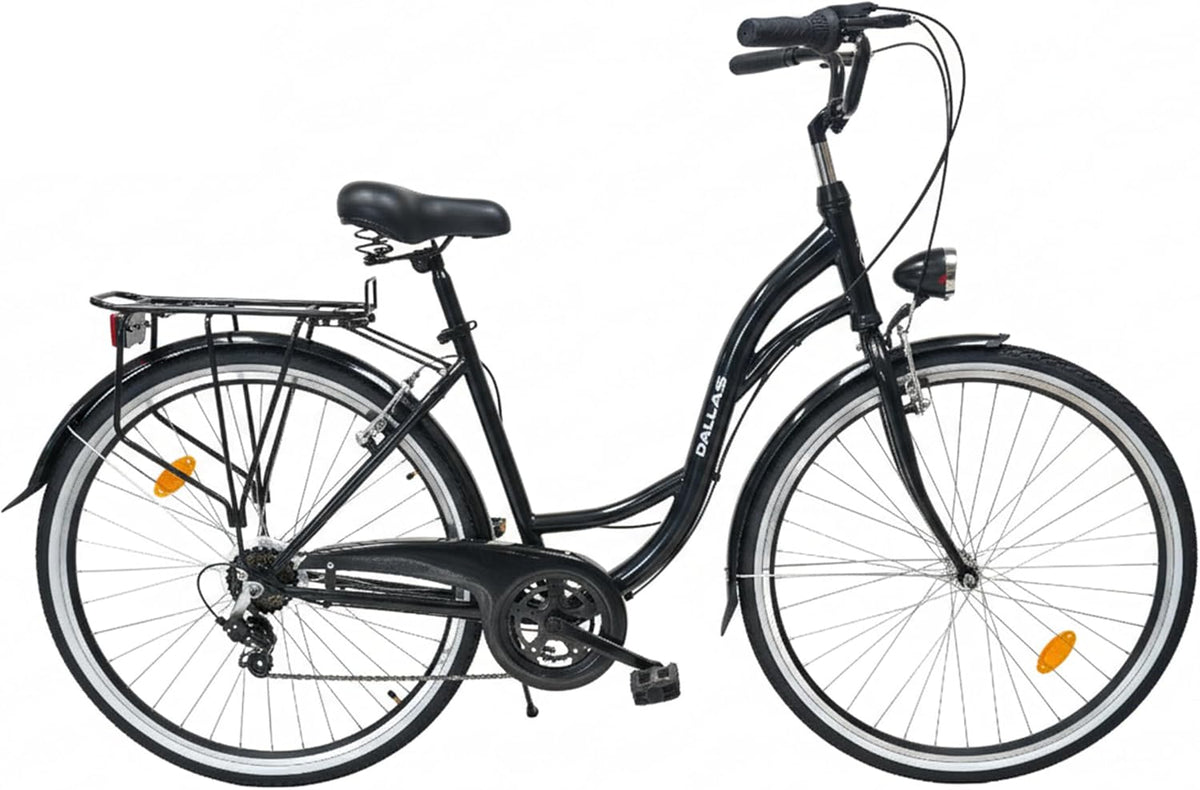 Bicicleta de 28 pulgadas - Cómoda bicicleta urbana para hombre y mujer - con cambio Shimano de 7 velocidades - Cuadro bajo confortable para ciudad y desplazamientos - Dallas City - Negro