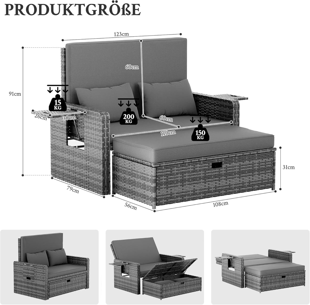 Amopatio Set de salón de jardín de ratán, sofá de jardín de 2 plazas con respaldo ajustable y espacio de almacenamiento, muebles de salón resistentes a la intemperie para balcón y terraza, con taburete y cojines, gris