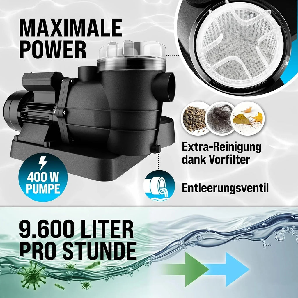 Sistema de filtro de arena SF96K 9600 l/h 400 W para piscinas de hasta 30000 L, válvula de 7 vías, autoaspirante, adaptador Ø32-38 mm, bomba de filtro para piscina