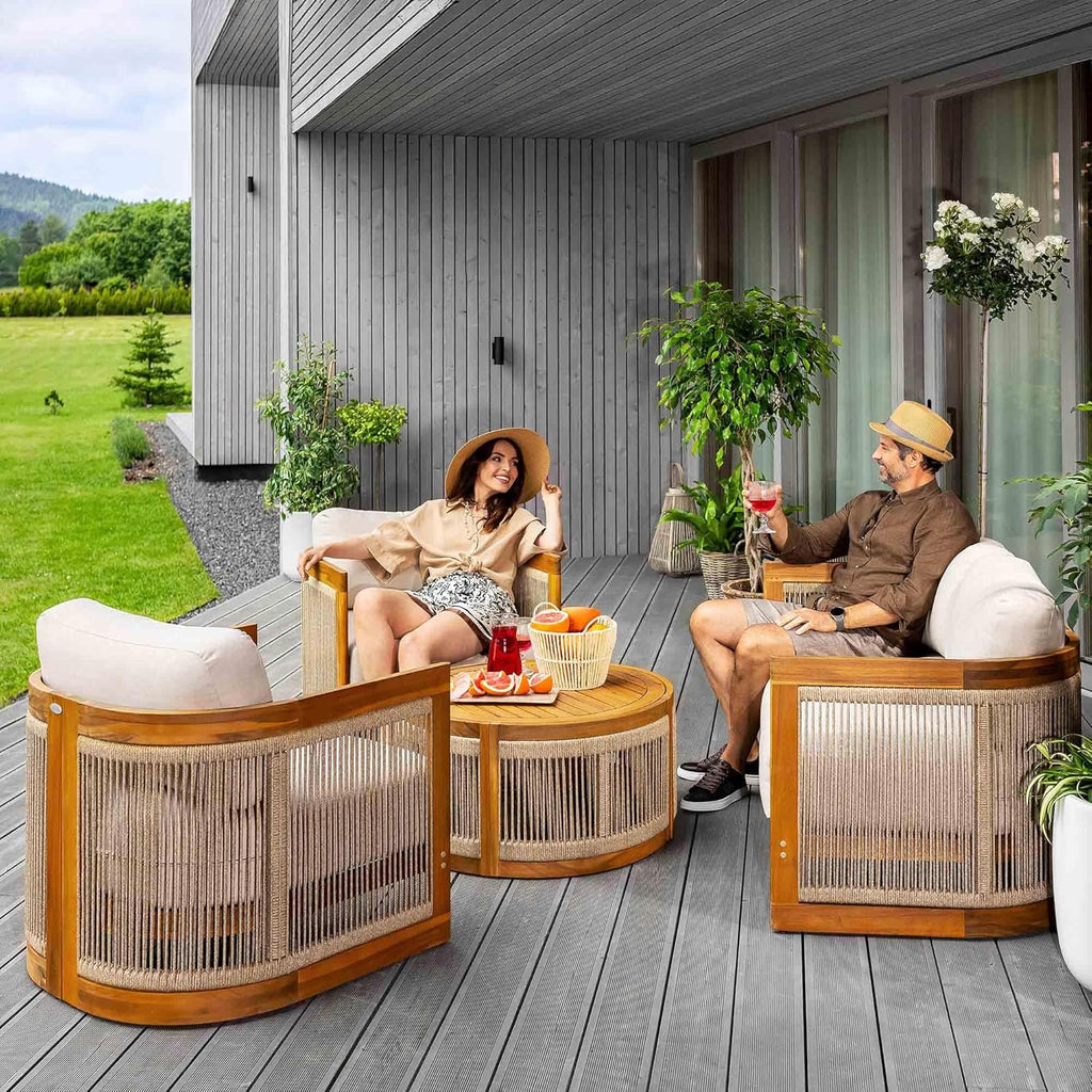 Set de muebles de jardín di volio Groseto – Conjunto de asientos de madera de acacia certificada: sofá doble, 2 sillones y mesa de centro, resistente a la intemperie y cómodo, set de salón para jardín, terraza y balcón (beige)