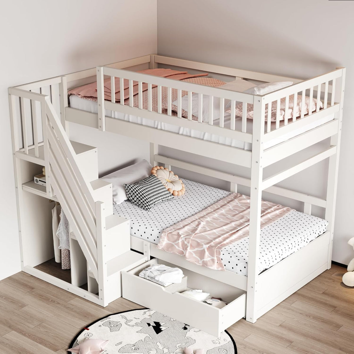 Cama infantil tipo litera 90x200 para 2 niños, cama alta con escalera, armario de almacenamiento y cajón, litera funcional de madera maciza para jóvenes con 2 somieres y protección anticaídas, sin colchón, blanca