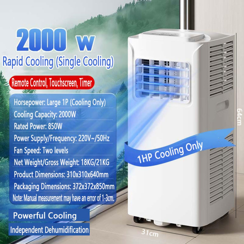 Aire acondicionado portátil con mando a distancia y temporizador de 24 horas, potente unidad de refrigeración oscilante de 120° para oficina en casa de hasta 28 m², kit de ventilación de ventana energéticamente eficiente