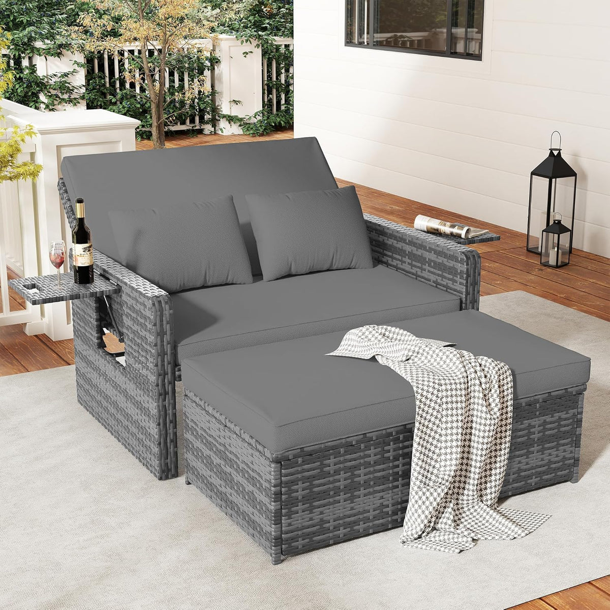 Amopatio Set de salón de jardín de ratán, sofá de jardín de 2 plazas con respaldo ajustable y espacio de almacenamiento, muebles de salón resistentes a la intemperie para balcón y terraza, con taburete y cojines, gris